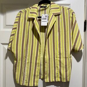MNG Striped Button-Up Blouse in Yellow and Tan